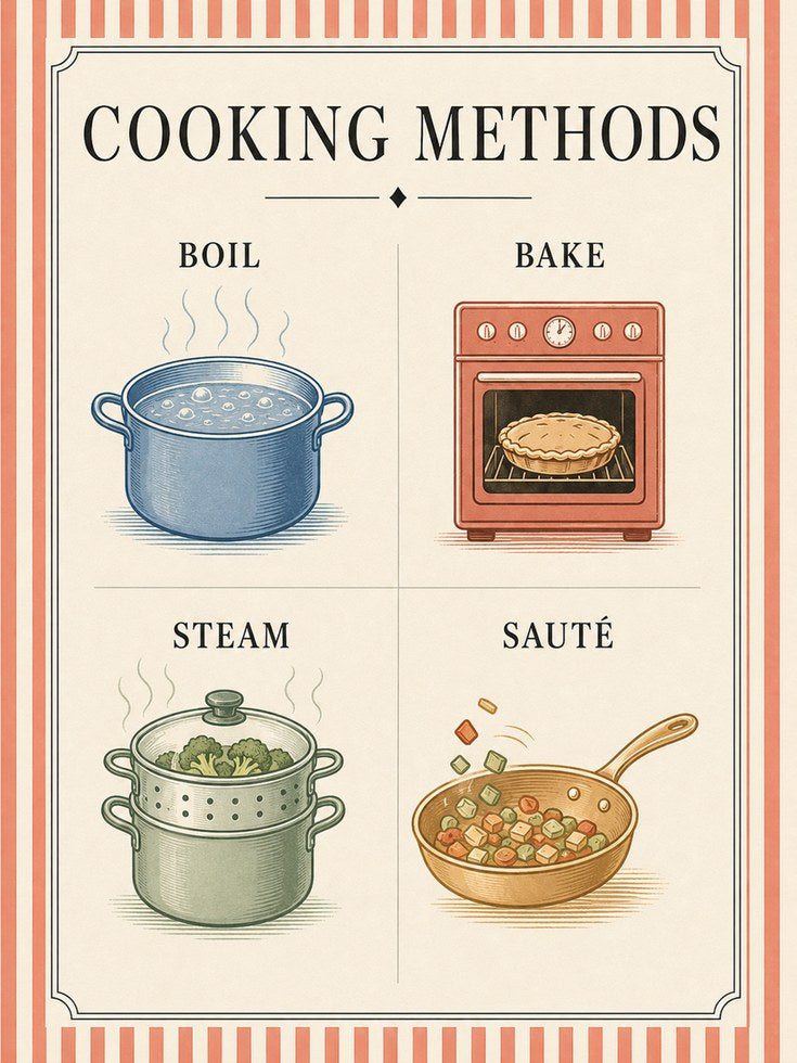Cooking Methods Poster: Vintage Kitchen Educational Art Print - artwork on paper