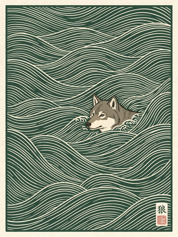 Japanese Wave Wolf Print - artwork on paper