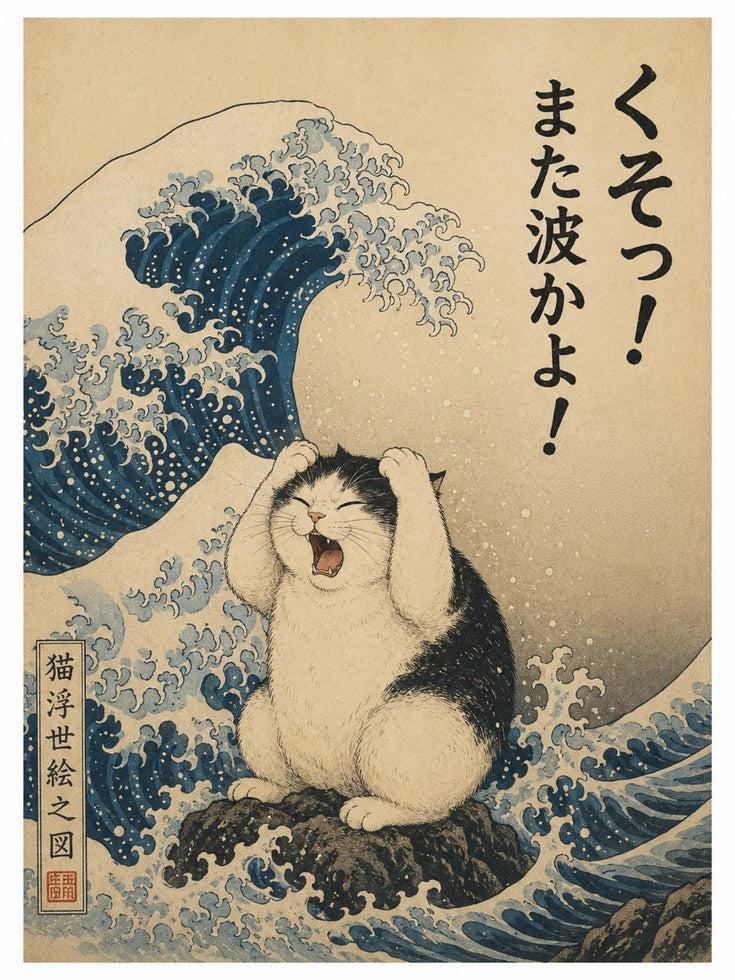 Japanese Cat Print – Ukiyo-e Style Wave Art - artwork on paper