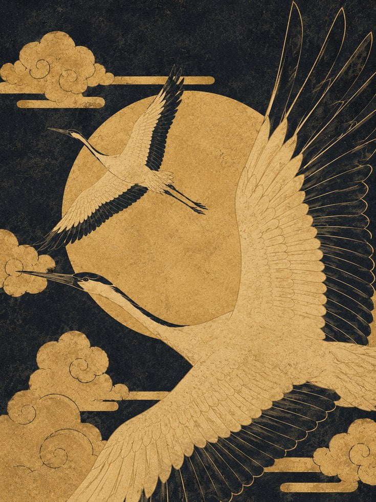 Crane Wall Art: Gold and Black Japanese Birds - artwork on paper