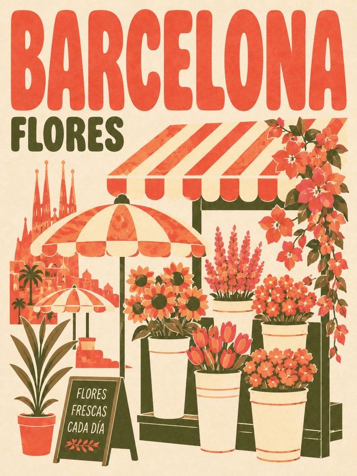 Vintage Travel Poster: Barcelona Flower Market - artwork on paper