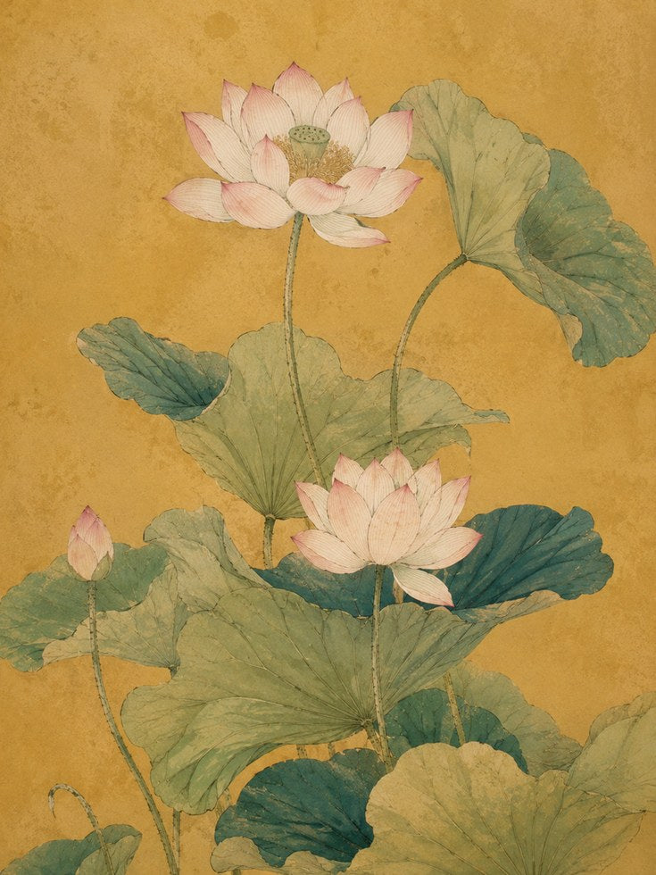 Lotus Flower Botanical Print — Vintage Asian Inspired Art - artwork on paper