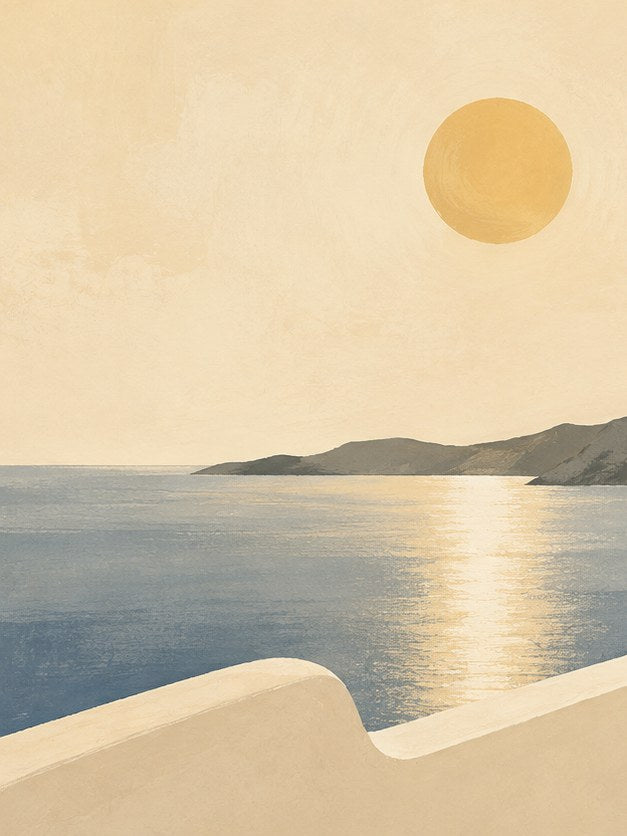 Mediterranean Coastal Sunset Print: Minimalist Beige and Blue - artwork on paper