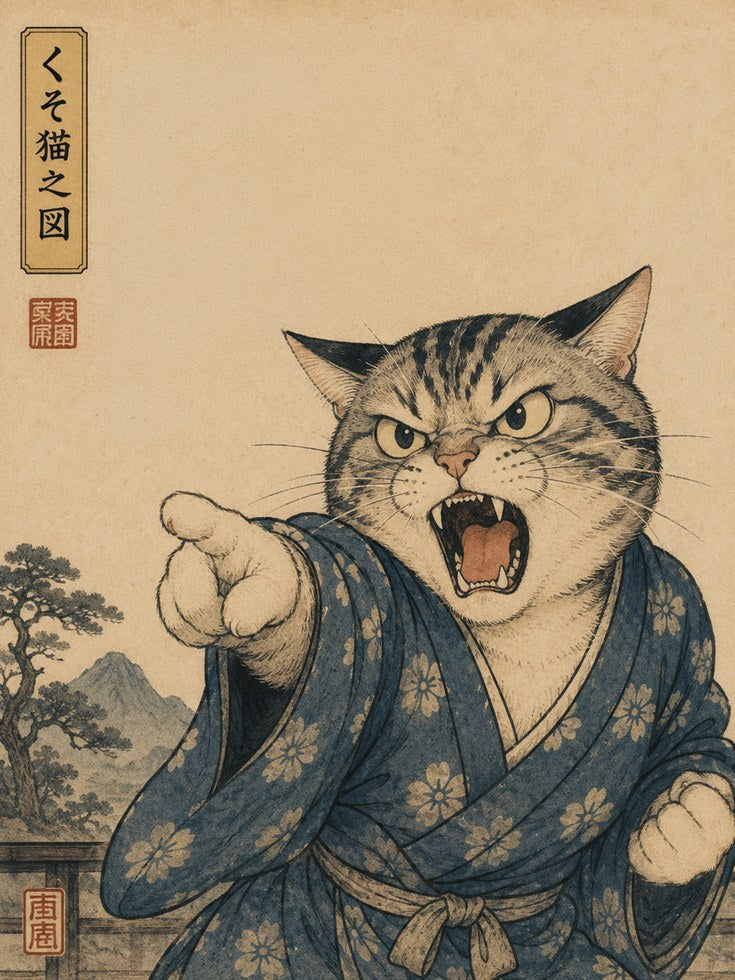 Japanese Angry Cat in Kimono Print: Ukiyo-e Style Wall Art - artwork on paper