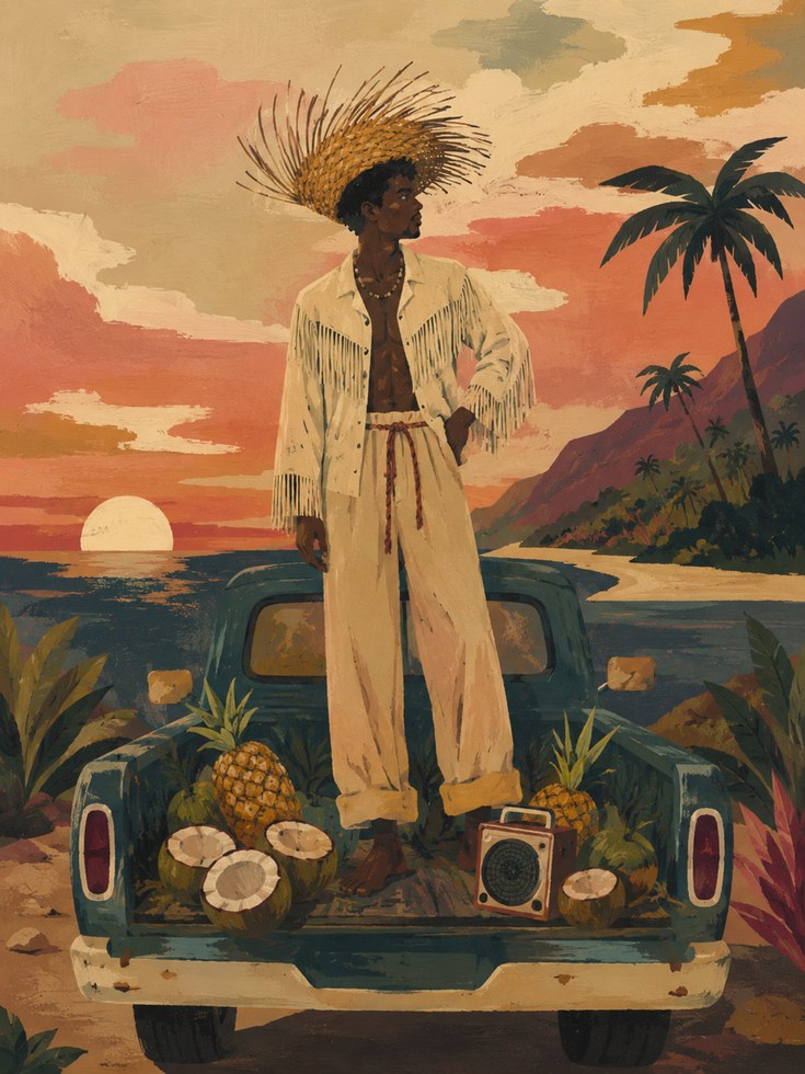 Tropical Sunset Vintage Truck Art Print: Retro Beach Scene - artwork on paper