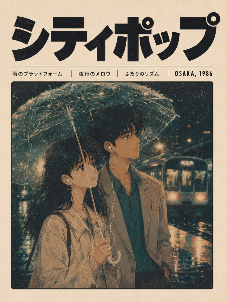 Japanese Anime Poster Print — Rainy Osaka Retro Design - artwork on paper
