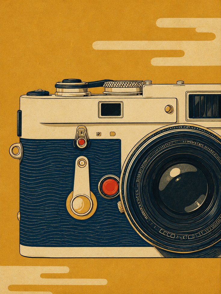 Vintage Leica Camera Print: Retro Mid-Century Art in Mustard Yellow - artwork on paper