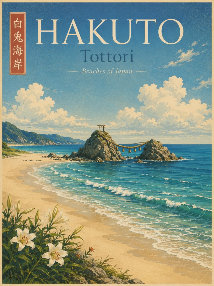 Hakuto Beach Japanese Travel Poster: Vintage Coastal Art Print - artwork on paper