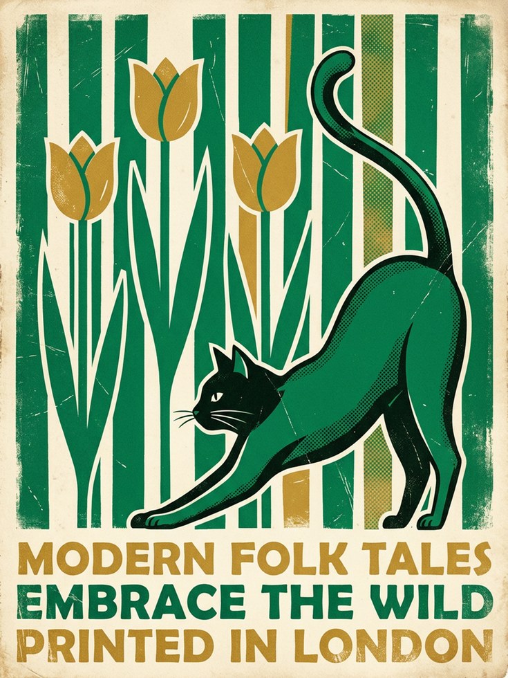 Art Deco Cat and Tulips Print: Green and Gold Vintage Design - artwork on paper