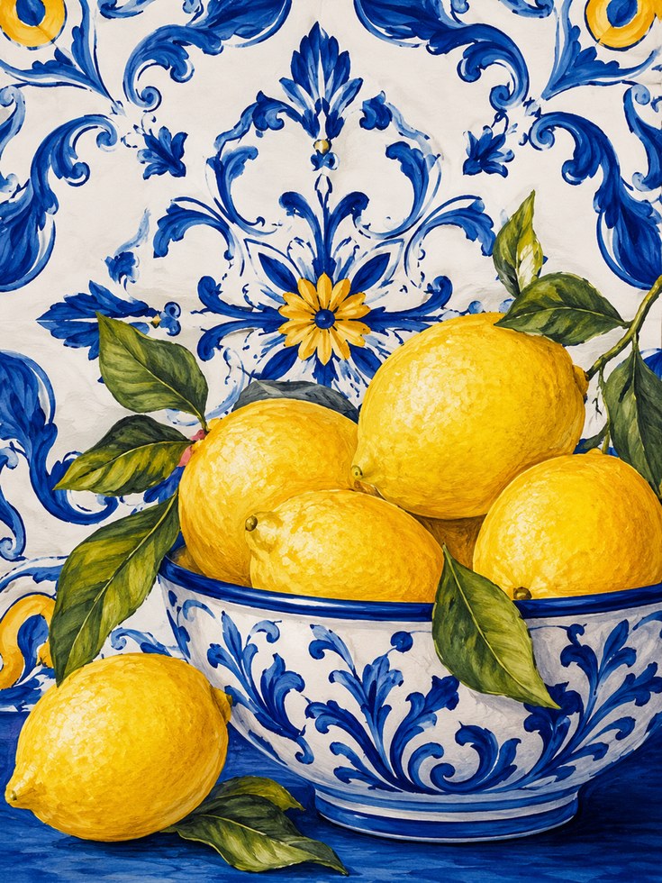 Mediterranean Lemons Art Print: Blue Majolica Tile Pattern - artwork on paper
