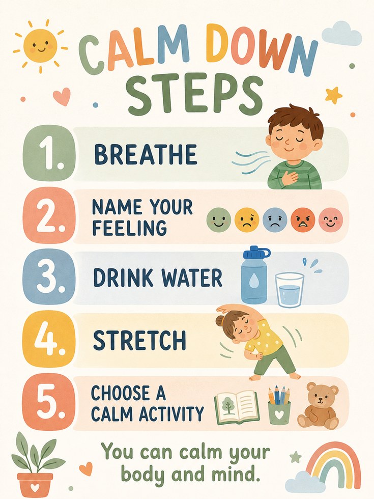 Calm Down Steps Poster – Kids Room Wall Art - artwork on paper