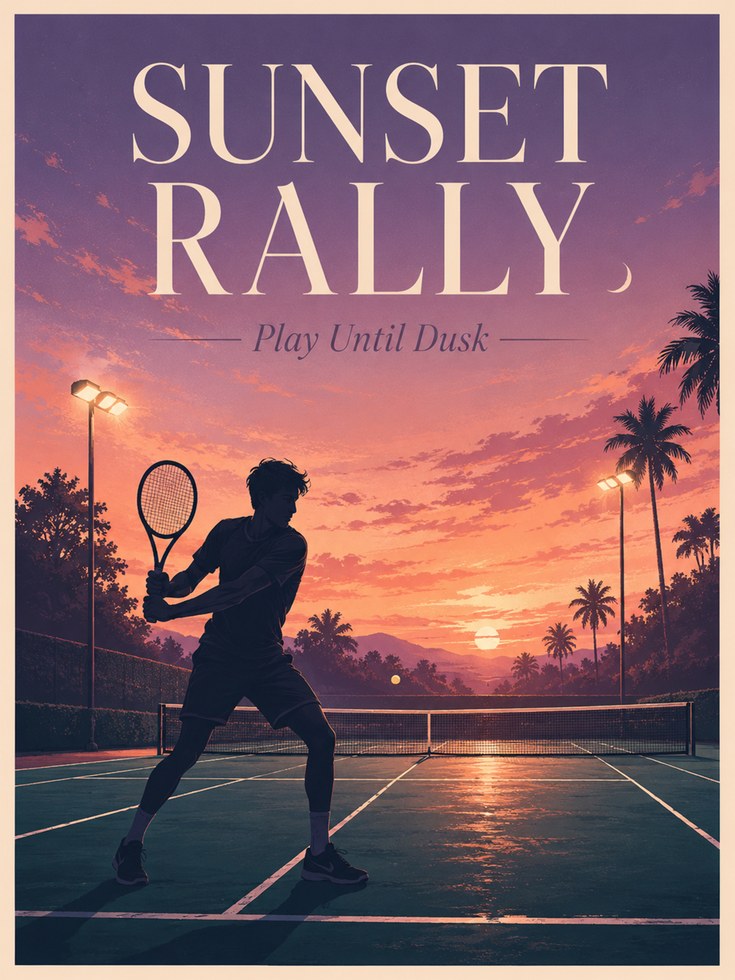 Sunset Tennis Court Poster: Retro Palm Tree Silhouette Art - artwork on paper