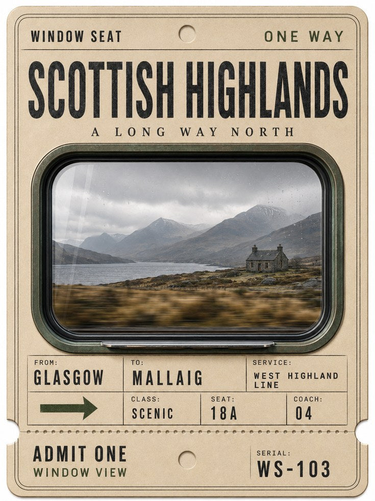 Scottish Highlands Poster – Train Ticket Wall Art - artwork on paper