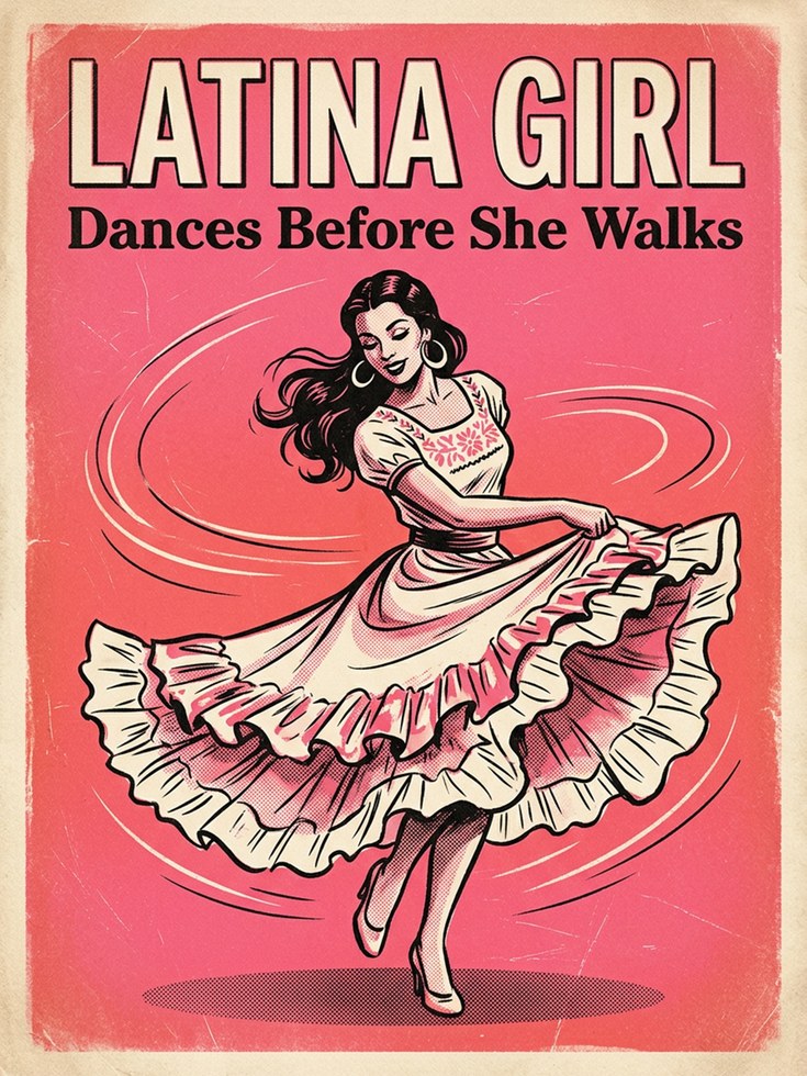 Latina Dancer Vintage Poster: Retro Pink Mid-Century Wall Art - artwork on paper