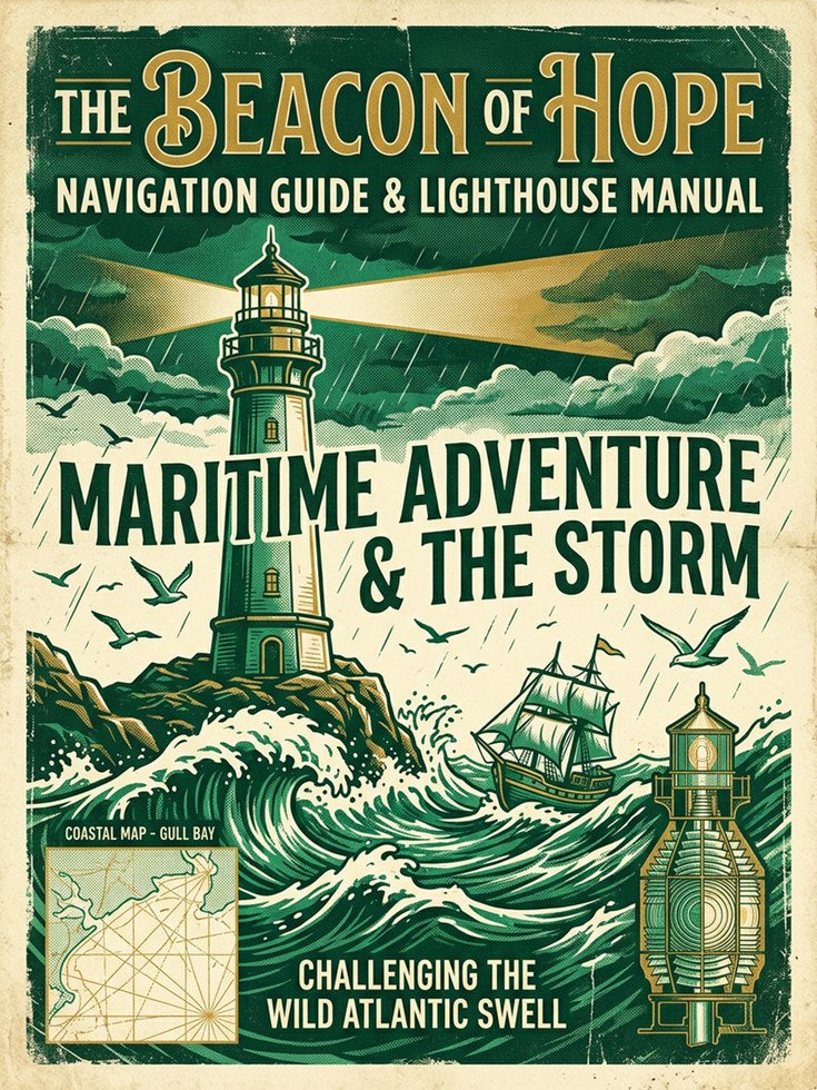 Vintage Lighthouse Poster: Nautical Maritime Green Gold Art Print - artwork on paper
