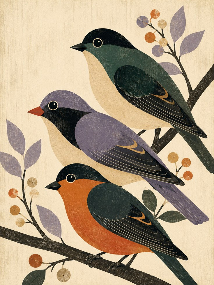 Three Birds on Branches Wall Art: Mid-Century Folk Design - artwork on paper