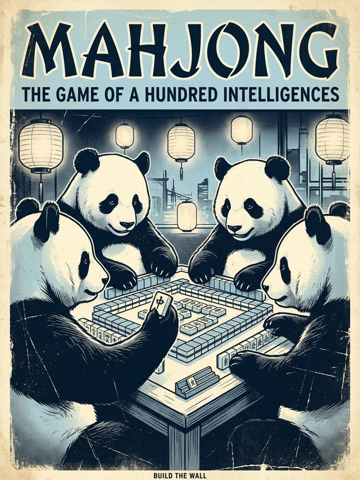 Mahjong Pandas Art Print: Vintage Asian Game Poster Design - artwork on paper