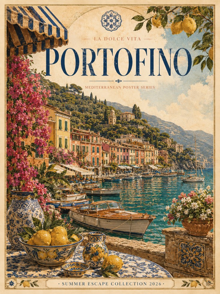 Portofino Vintage Travel Poster — Italian Coastal Art - artwork on paper