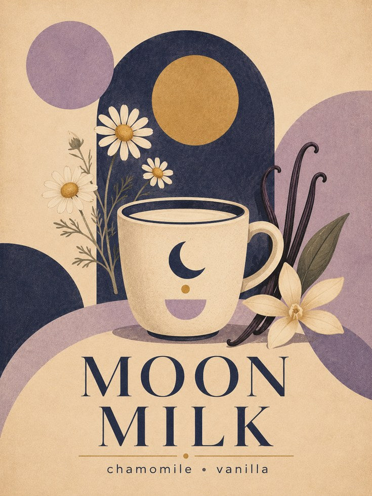 Moon Milk Tea Poster: Art Deco Botanical Chamomile Design - artwork on paper