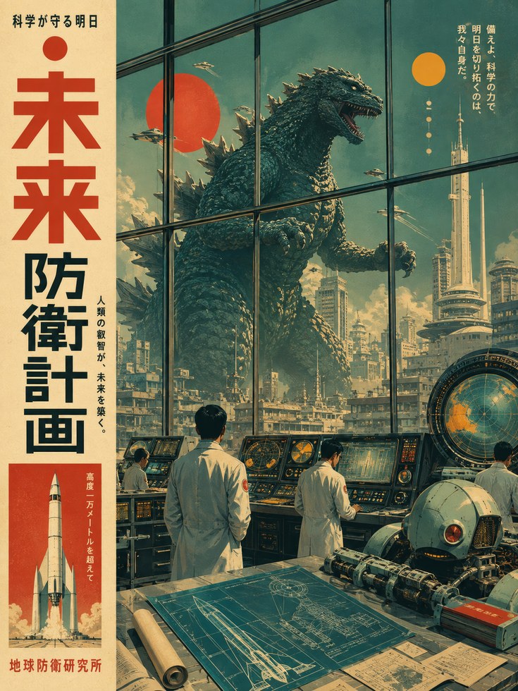 Japanese Monster Poster – Vintage Tokyo Cityscape - artwork on paper