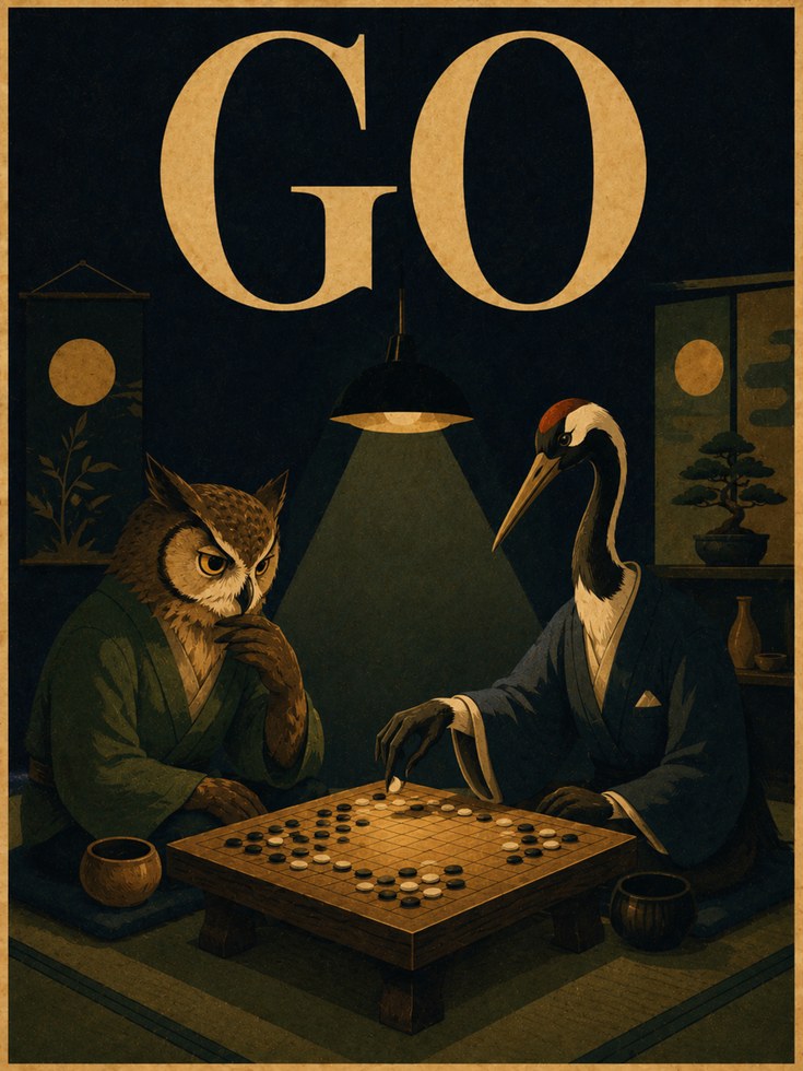 Go Game Poster: Owl and Crane Japanese Style (Vintage Wall Art) - artwork on paper