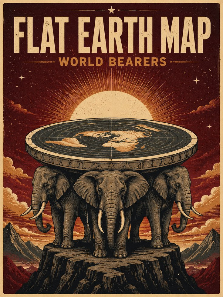 Flat Earth Map Poster: Vintage Mythological Elephant Design - artwork on paper