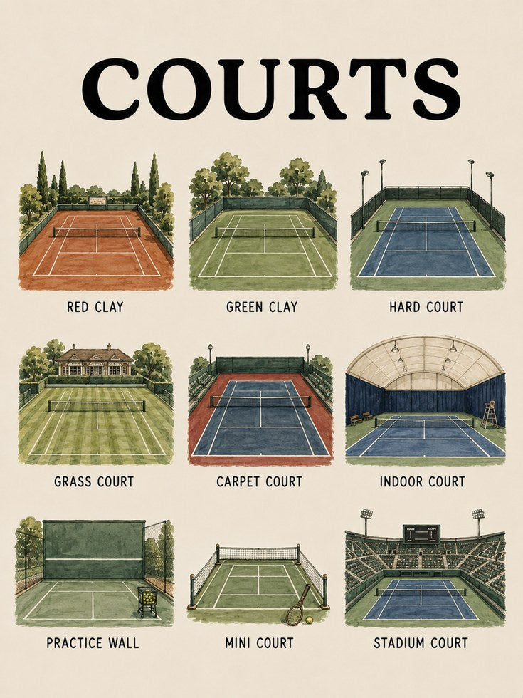 Tennis Courts Chart Print — Illustrated Guide to Court Types - artwork on paper