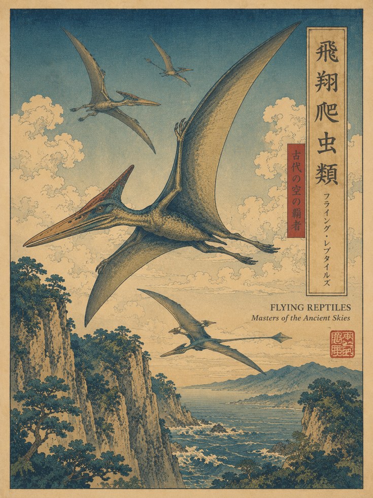 Flying Pterodactyls Art Print: Japanese Ukiyo-e Style Dinosaurs - artwork on paper