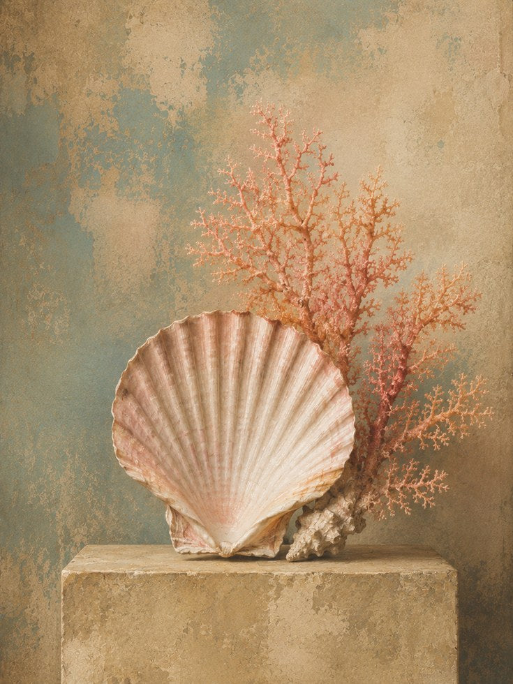 Scallop Shell and Coral Wall Art: Coastal Still Life Print - artwork on paper