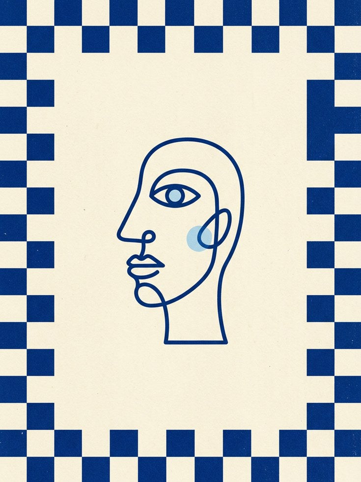 Line Art Face Print: Minimalist Blue and Cream Checkerboard - artwork on paper