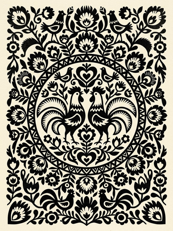 Polish Folk Art Print: Black Roosters and Floral Symmetry - artwork on paper