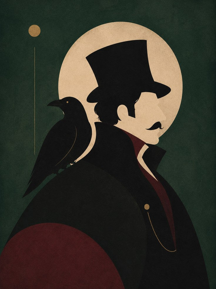 Victorian Gentleman with Crow Silhouette: Art Deco Poster - artwork on paper
