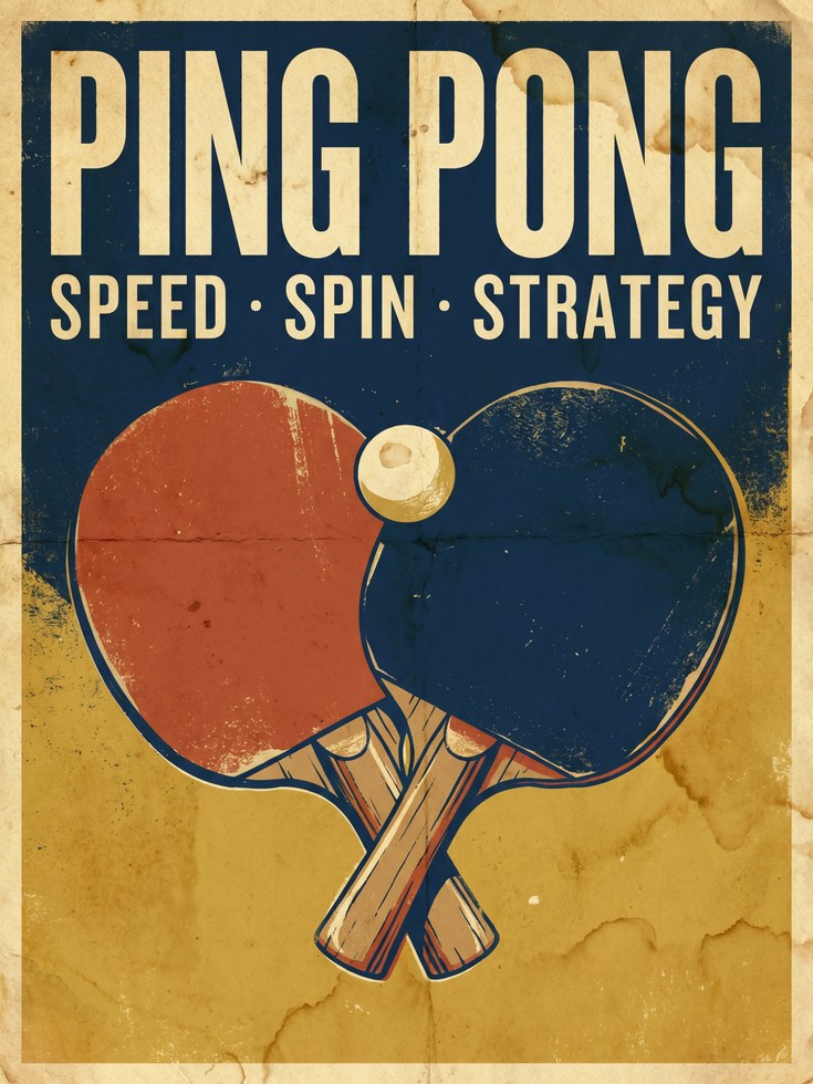Ping Pong Poster: Vintage Sports Art in Navy and Orange - artwork on paper
