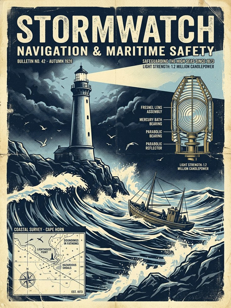 Vintage Maritime Storm Lighthouse Poster: Nautical Safety Art - artwork on paper