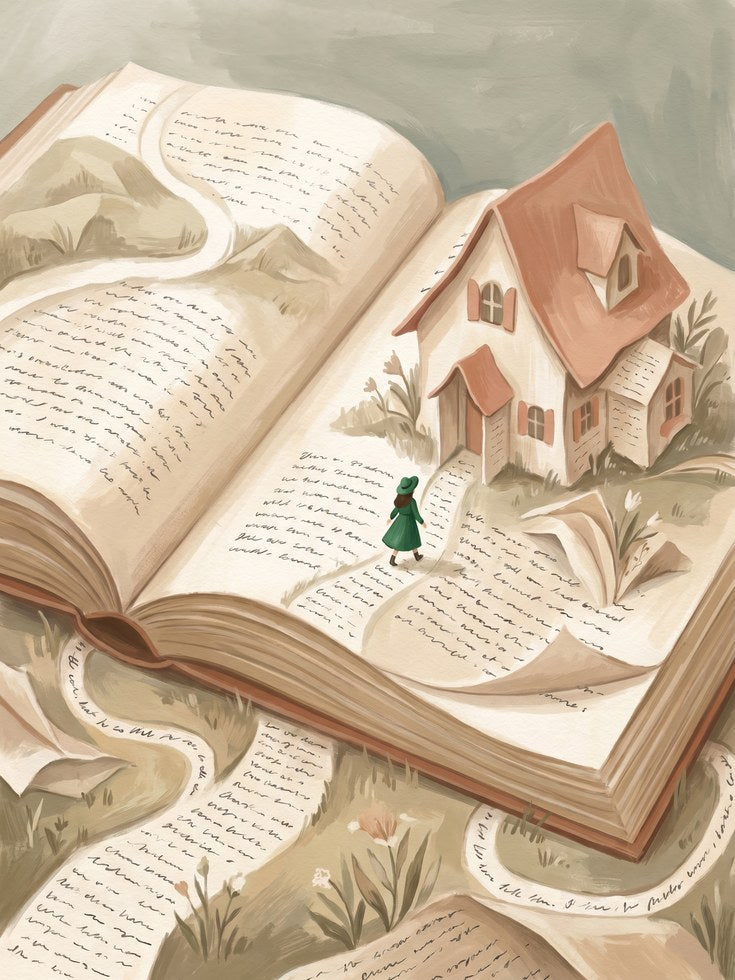 Whimsical Book Art Print: Surreal Cottagecore Reading Nook Decor - artwork on paper