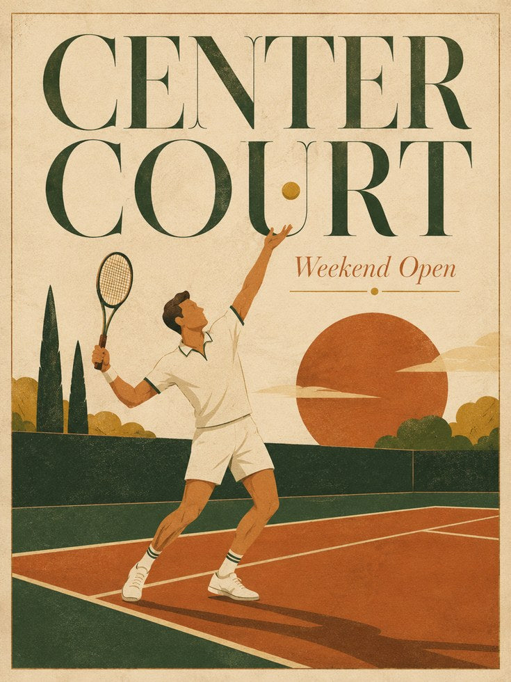 Vintage Tennis Poster Print: Art Deco Center Court Design - artwork on paper