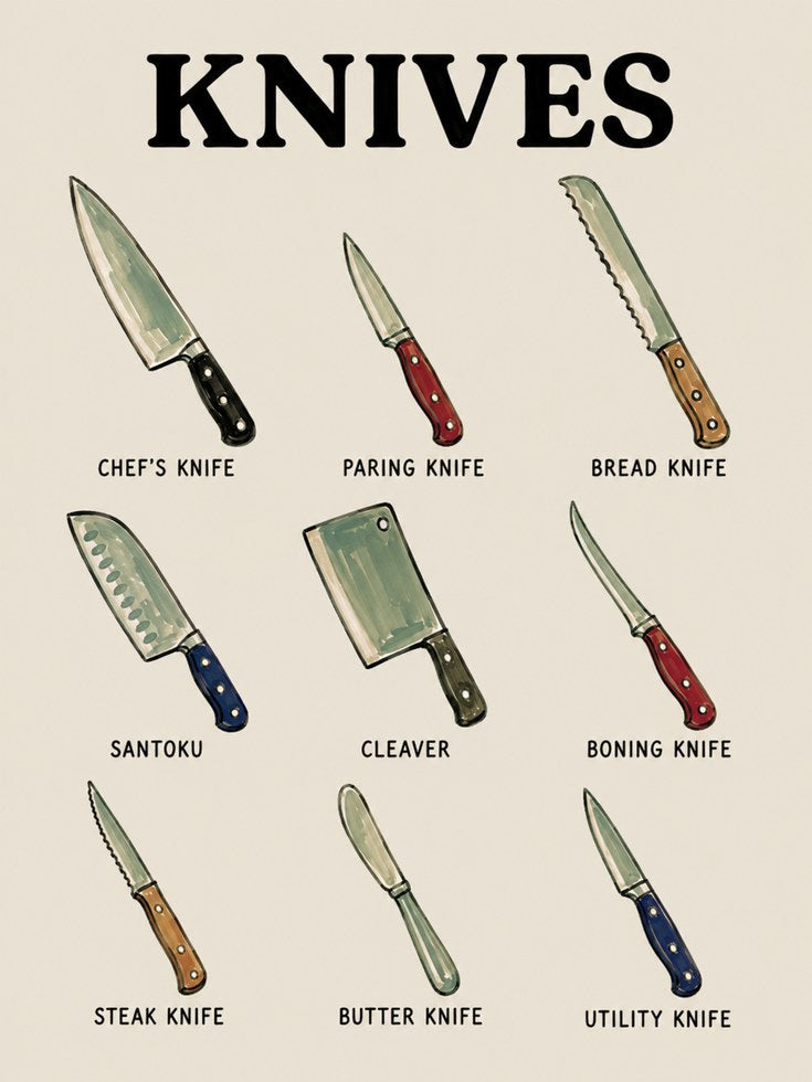Types of Knives Poster – Kitchen Wall Art - artwork on paper