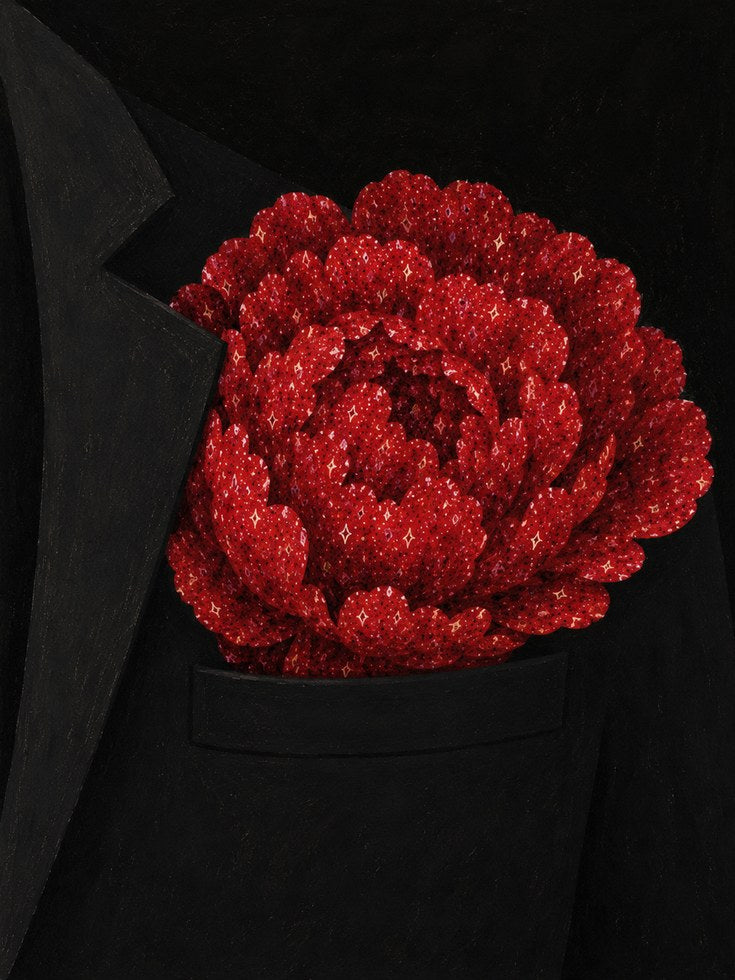 Red Crystal Flower Art Print: Glittering Peony on Black - artwork on paper