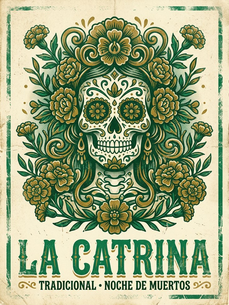 La Catrina Sugar Skull Print — Day of the Dead Folk Art - artwork on paper