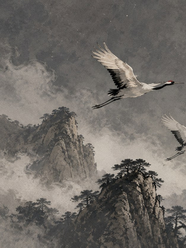Flying Cranes Over Misty Mountains: Traditional Asian Ink Art Print - artwork on paper