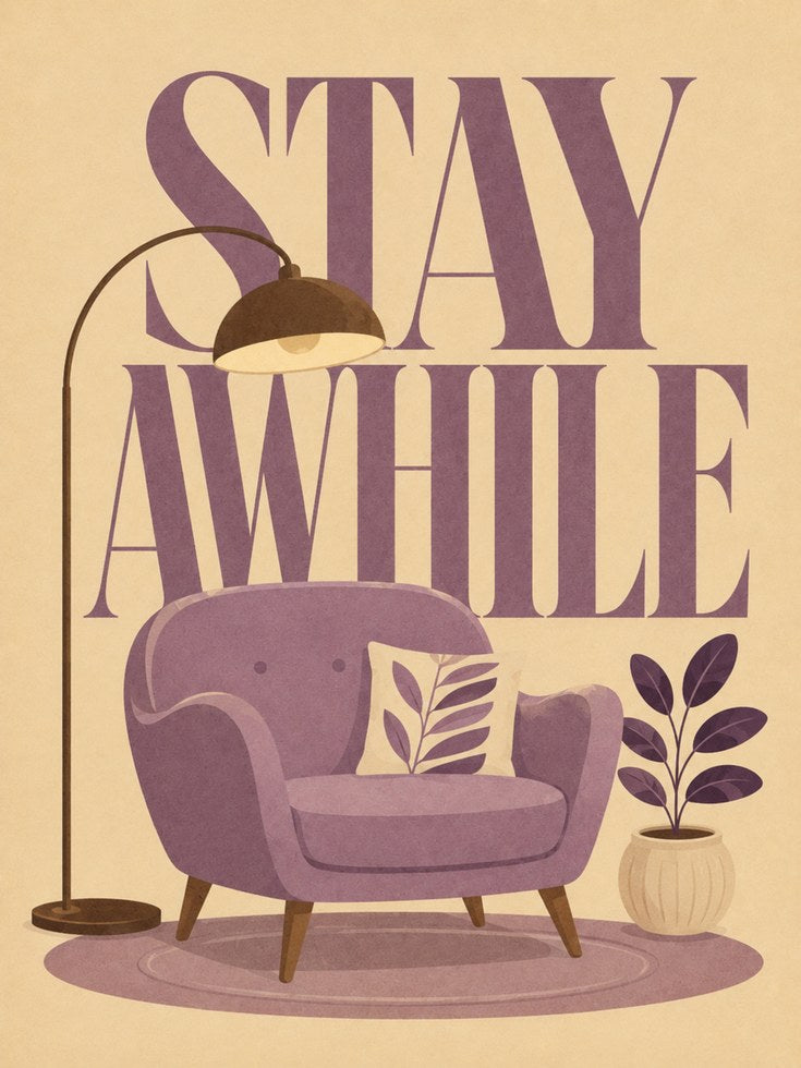 Stay Awhile Retro Lounge Art Print: Mid Century Modern Purple - artwork on paper