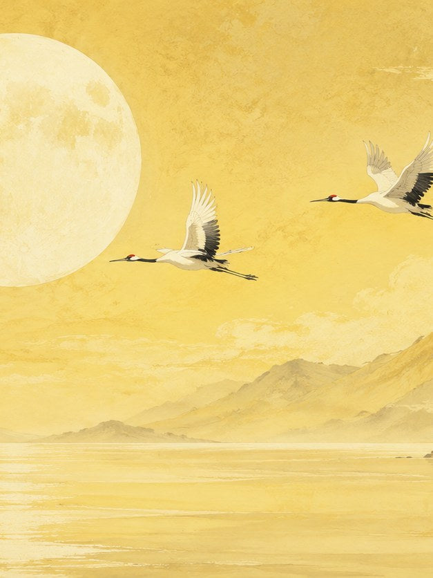 Flying Cranes Moon Print: Minimalist Yellow Asian Art - artwork on paper