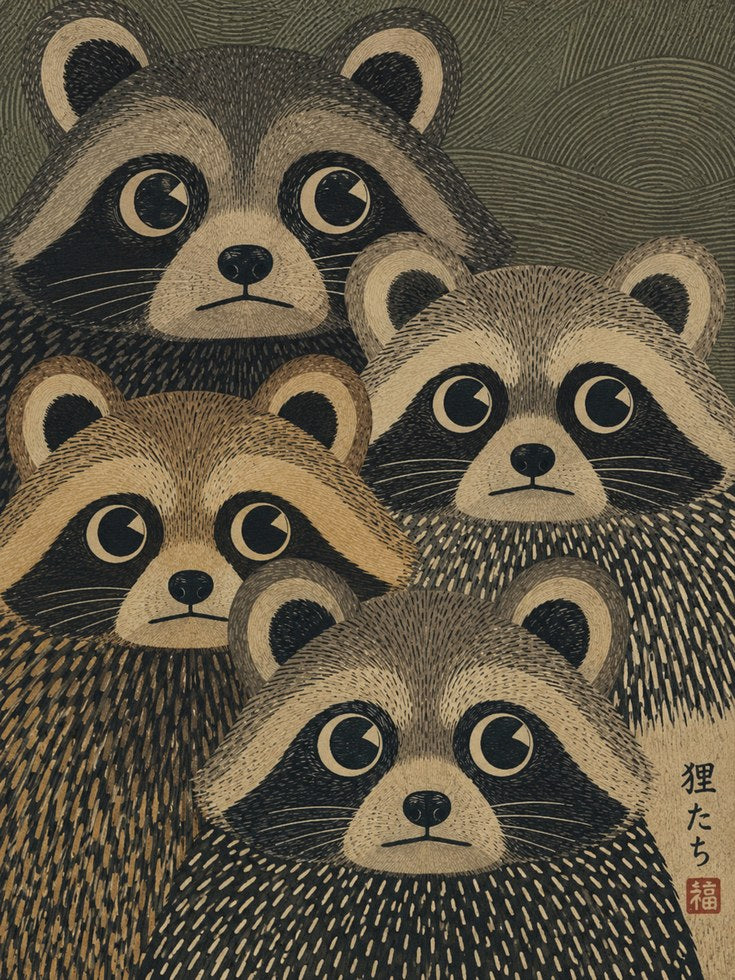 Raccoon Japanese Folk Art Print - artwork on paper