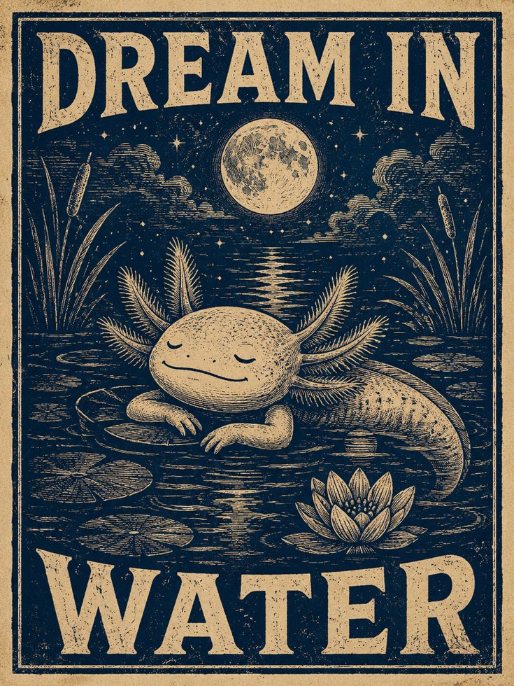 Dream in Water Axolotl Art Print: Vintage Blue Woodcut Style - artwork on paper