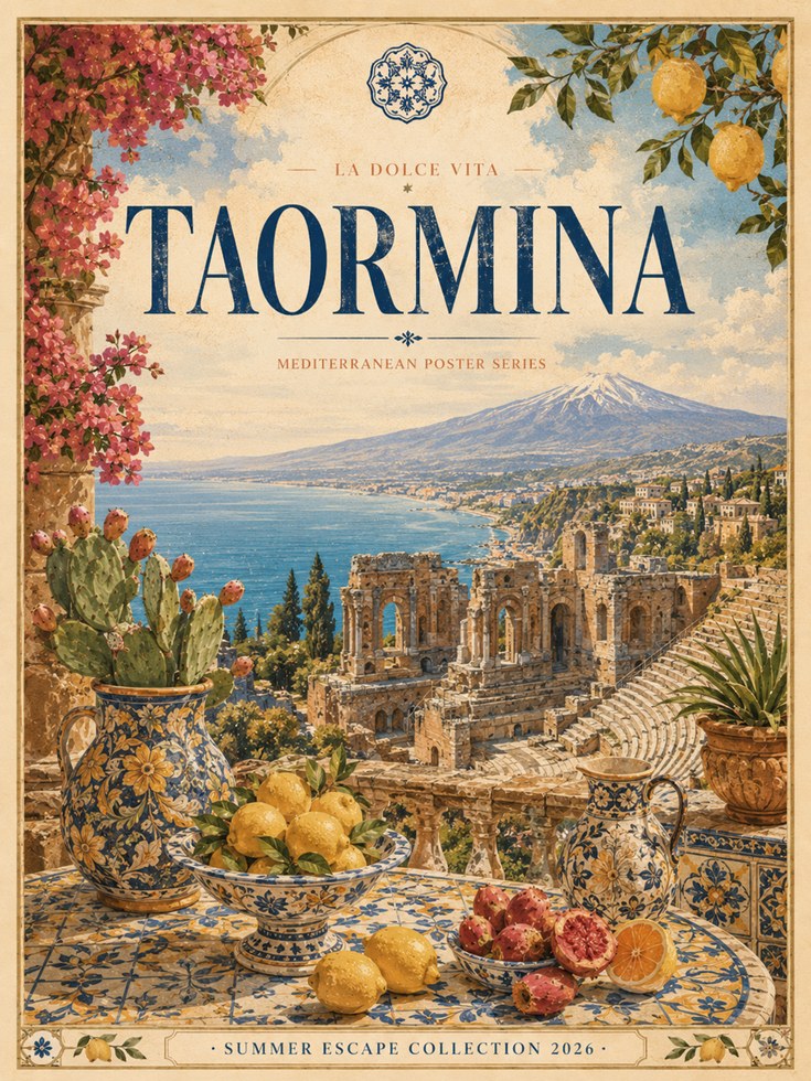 Taormina Italy Travel Poster — Vintage Mediterranean Coast Print - artwork on paper
