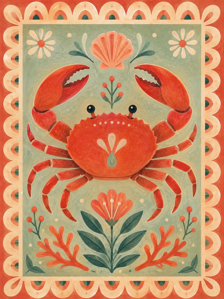 Folk Art Crab Print – Coastal Kitchen Wall Art - artwork on paper