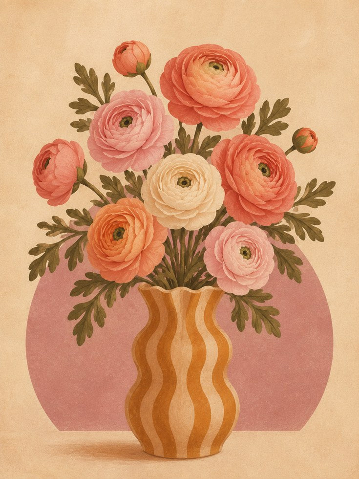 Ranunculus Vase Print – Retro Floral Wall Art - artwork on paper