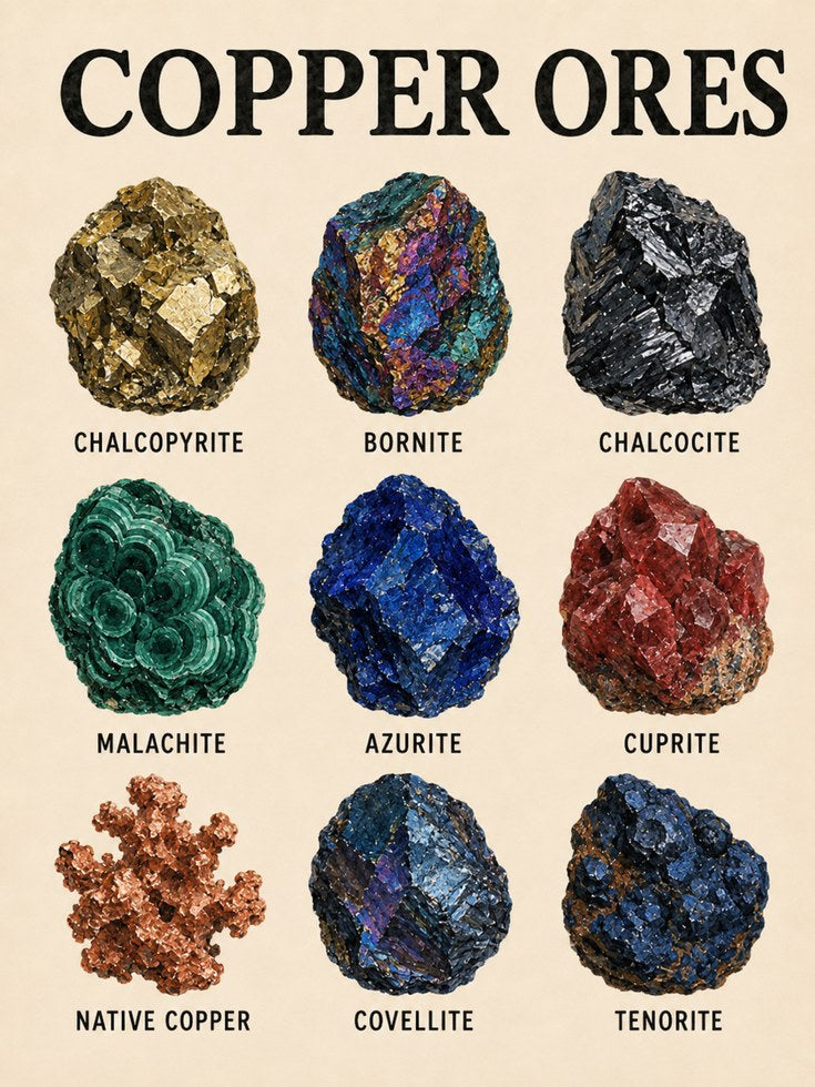 Copper Ores Minerals Chart: Educational Science Poster - artwork on paper