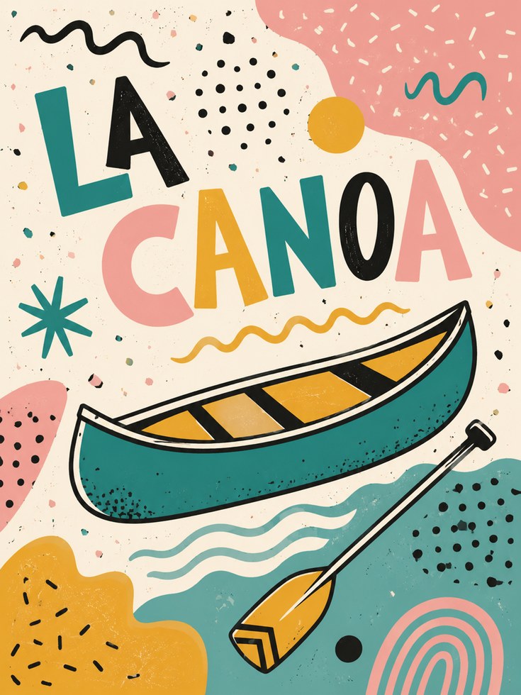 La Canoa Art Print: Mid-Century Modern Teal and Coral Design - artwork on paper