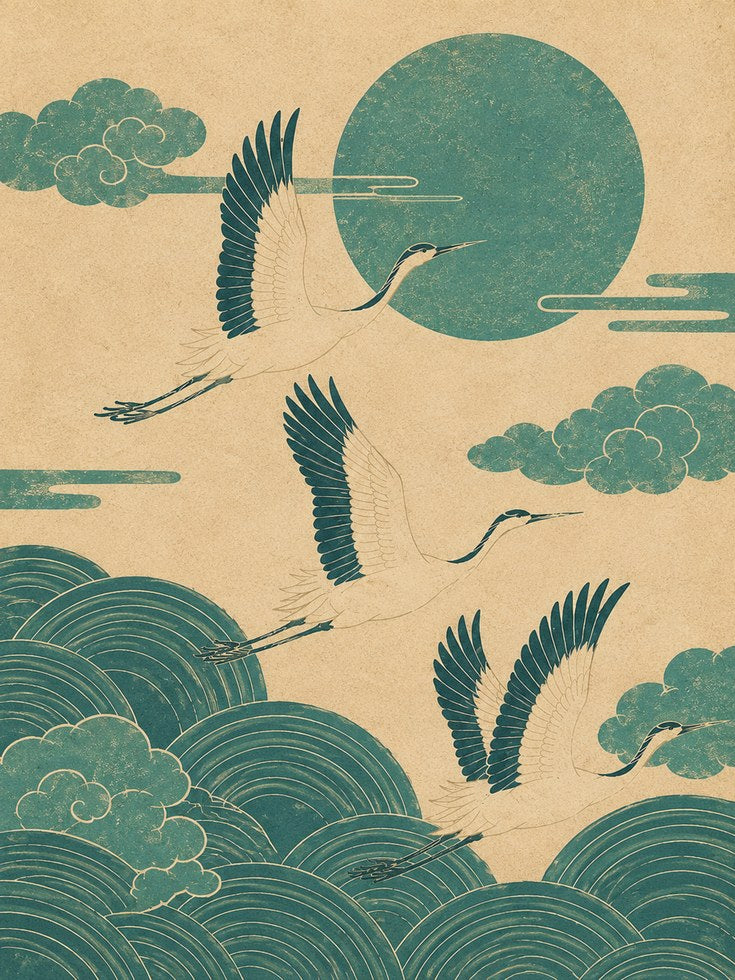 Japanese Crane Art Print – Teal and Gold - artwork on paper